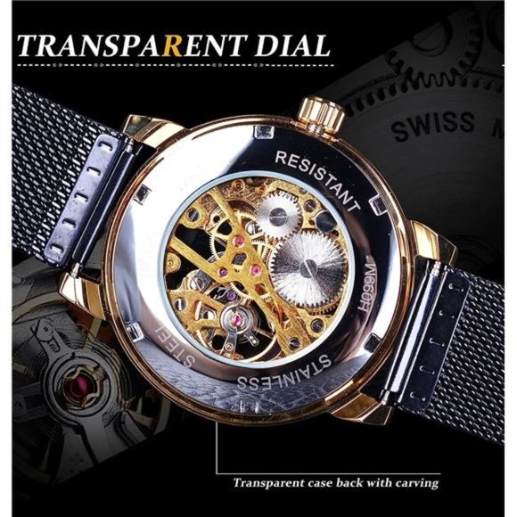 Men's Skeleton Watch Steampunk Watch Mechanical Watch for Men, Black Golden - Picture 6 of 7